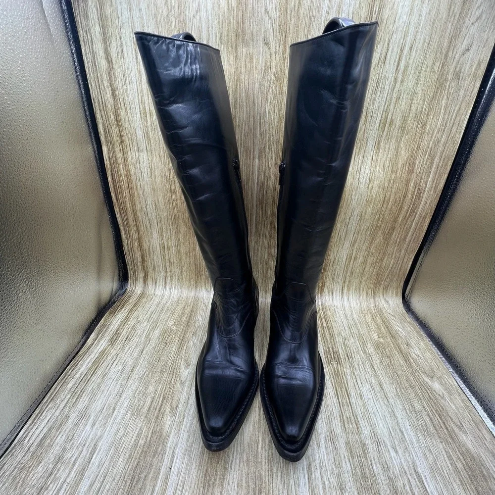 Gianni Barbato Tall Boots Women's 6.5 Black Leather Pointed Toe Side Zip Italy